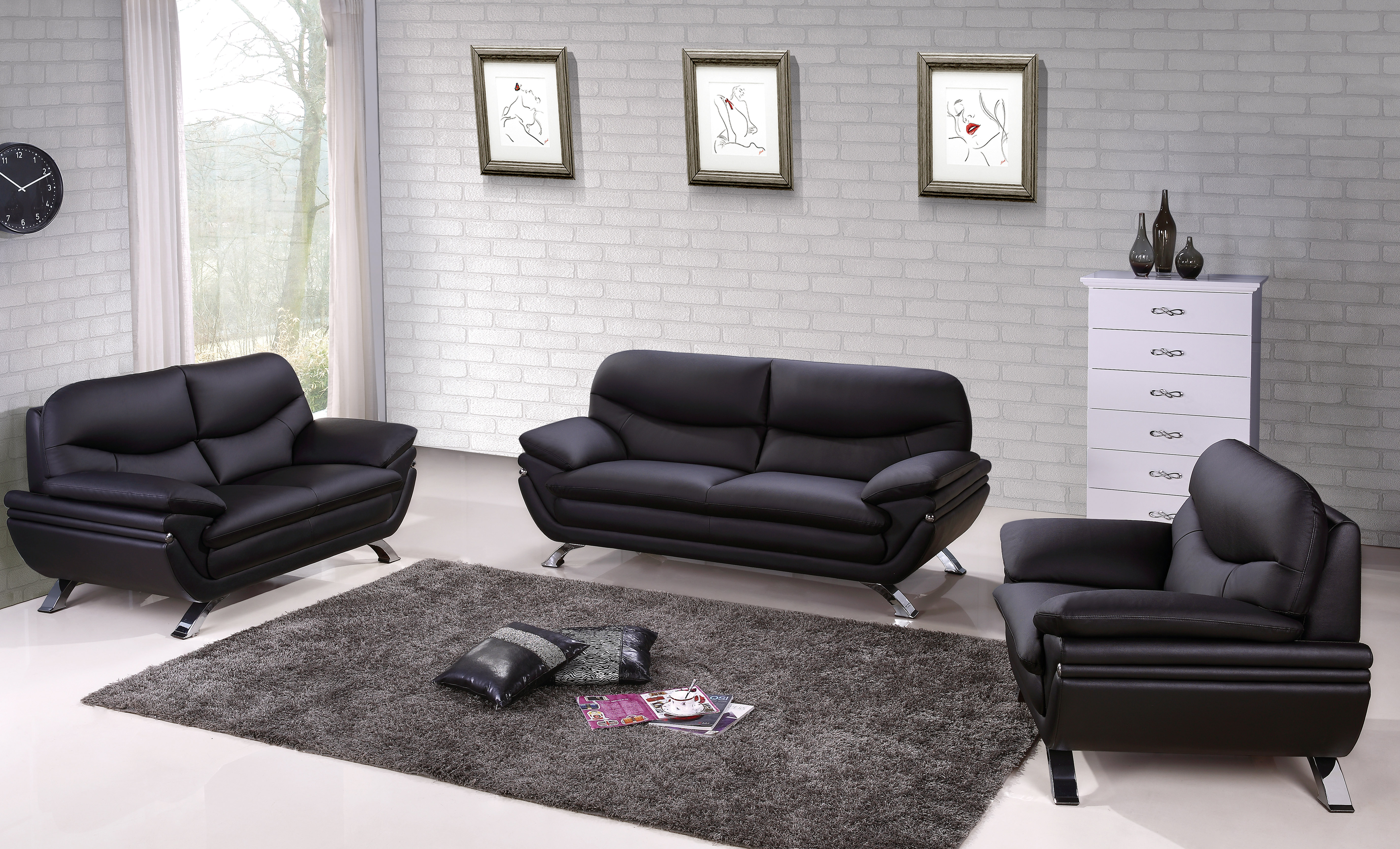 living room with sofa and 2 leather recliners