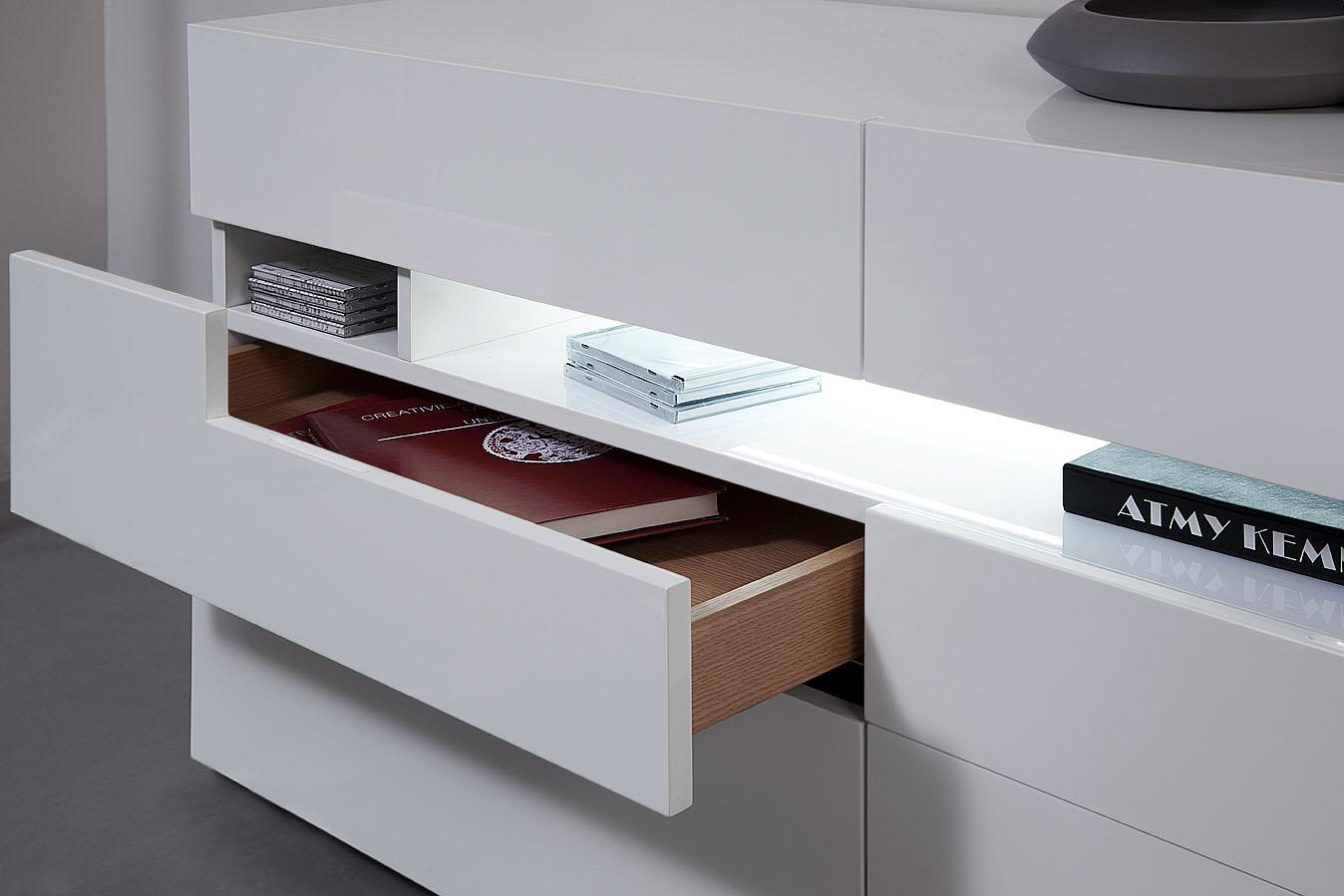 Contemporary LED White Lacquer Six Drawer Dresser with Shelf Prime