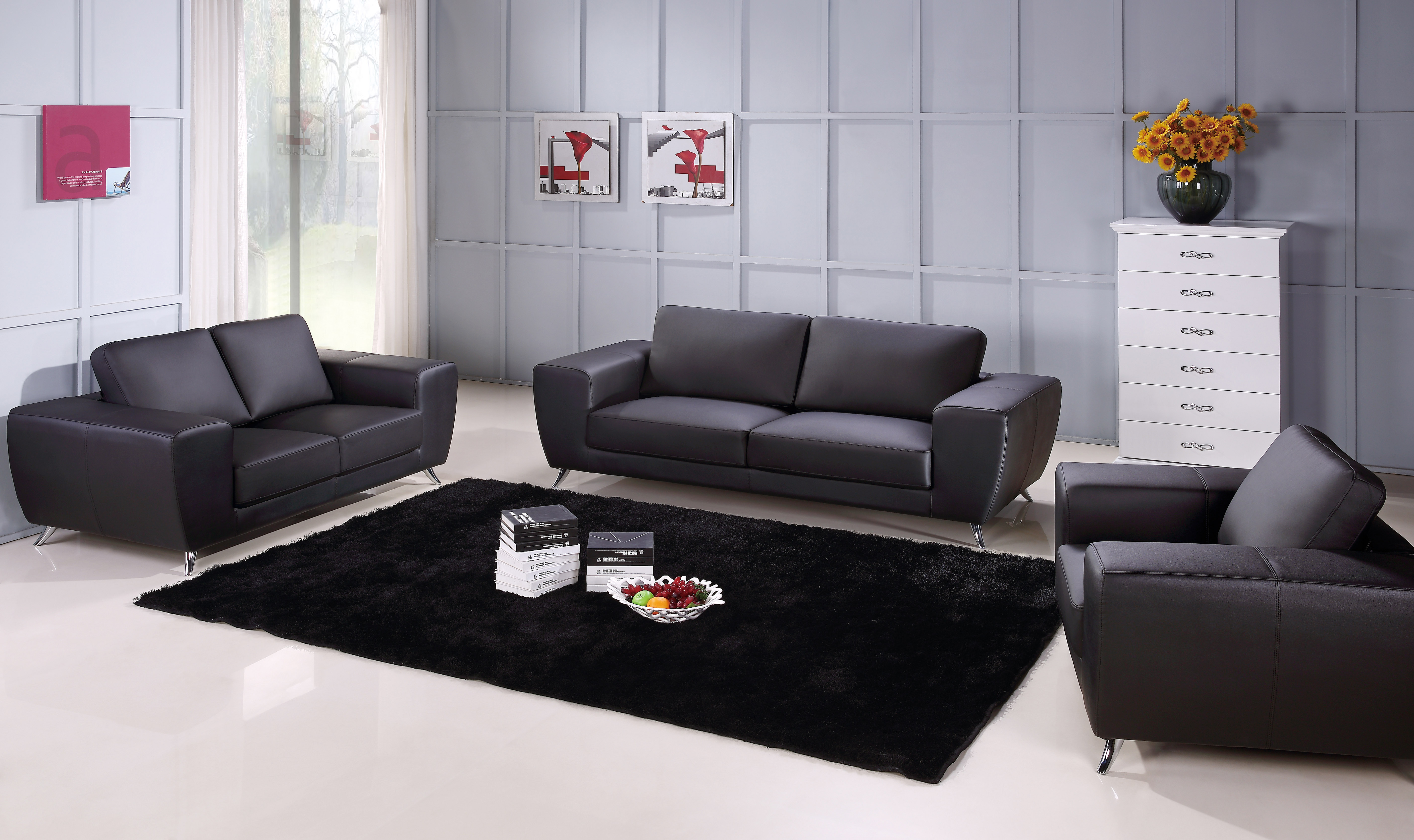 Unique Sofa Set Upholstered in Black Leather Fresno California Beverly ...