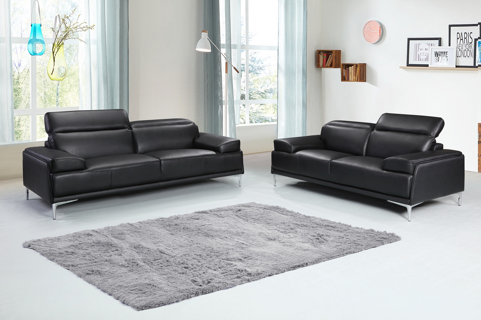 contemporary black leather sofa with metal frame
