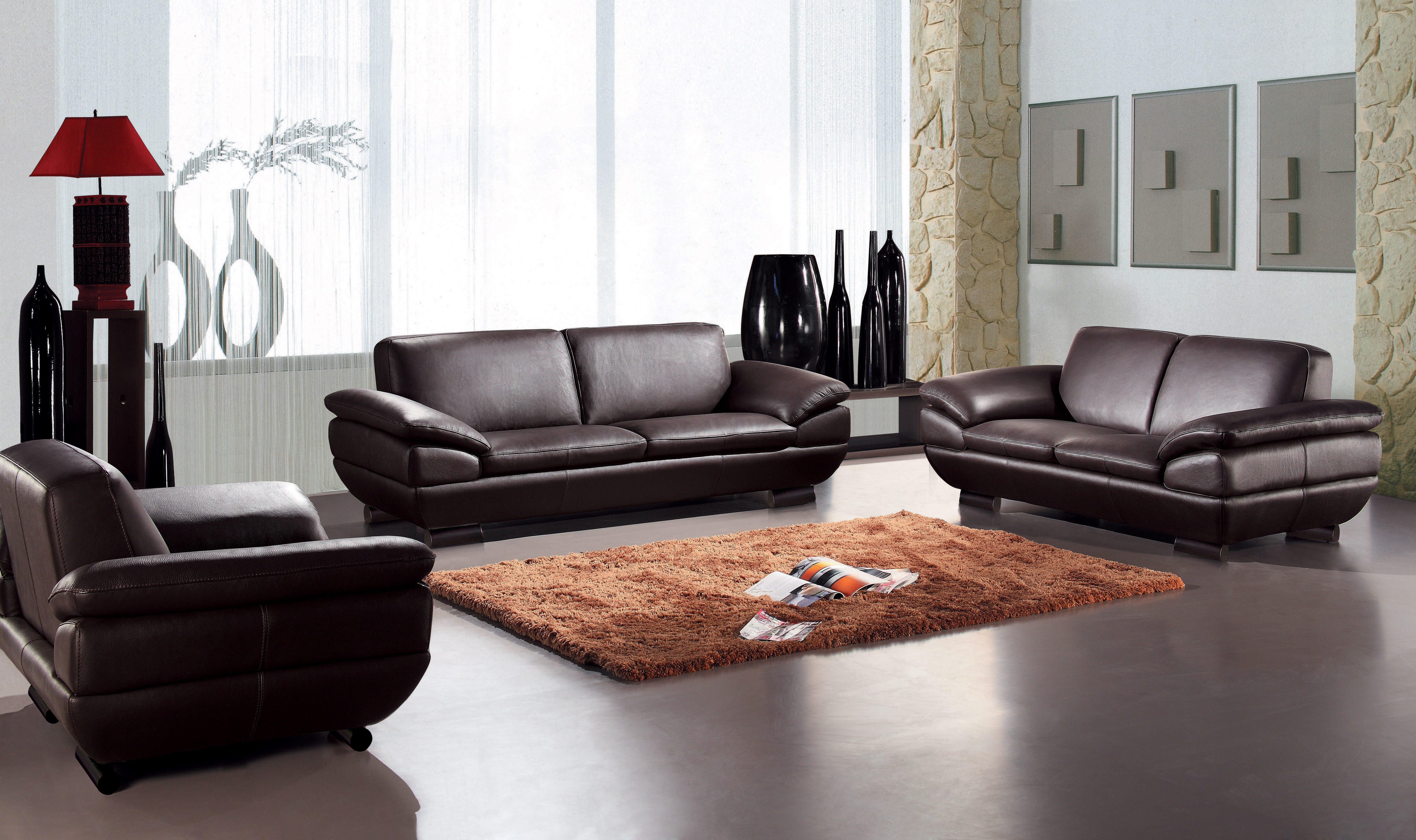 living room design with leather couch