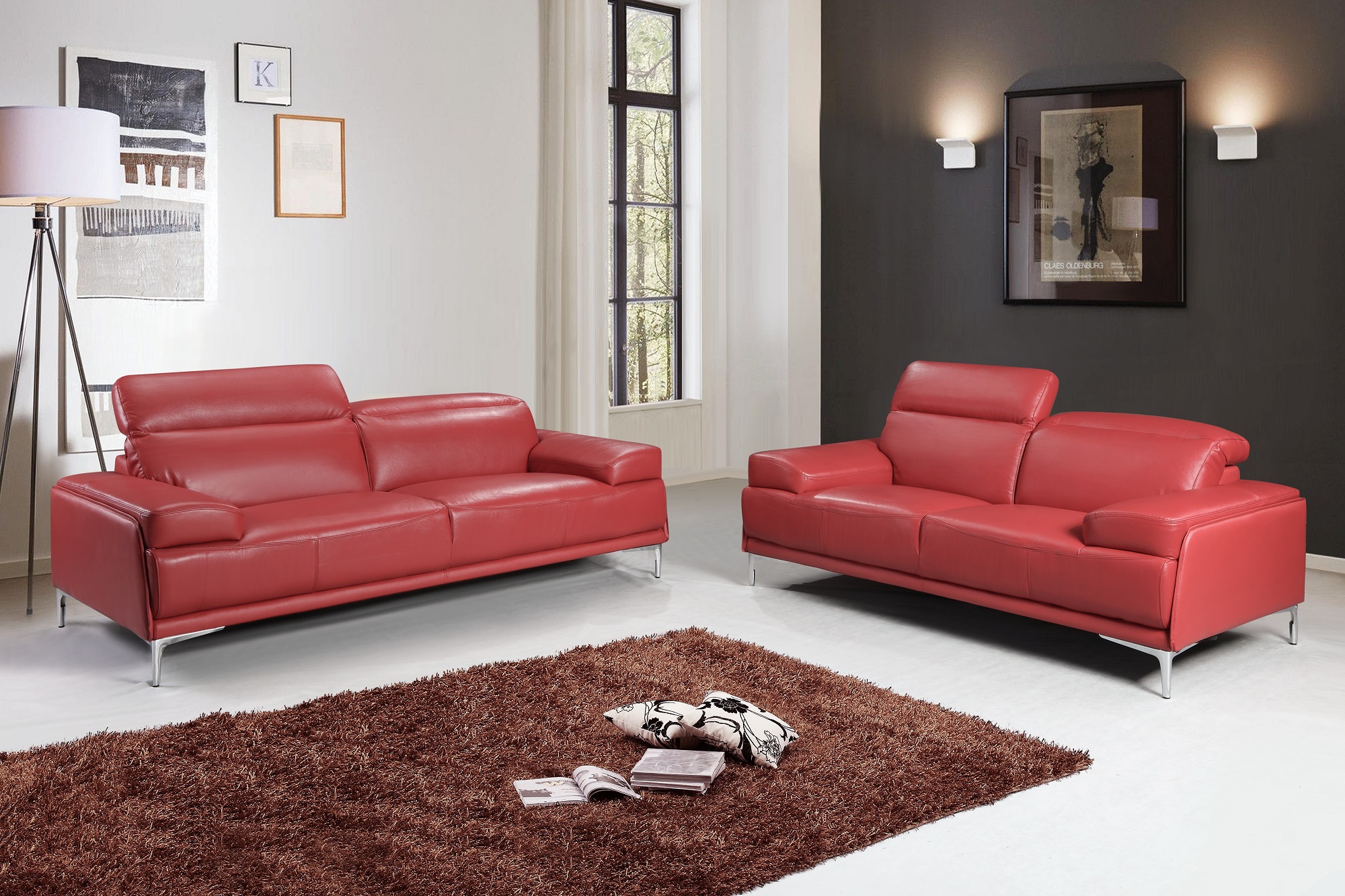 Red Leather Sofa And Loveseat With Movable Head Cushions J Nicolo 