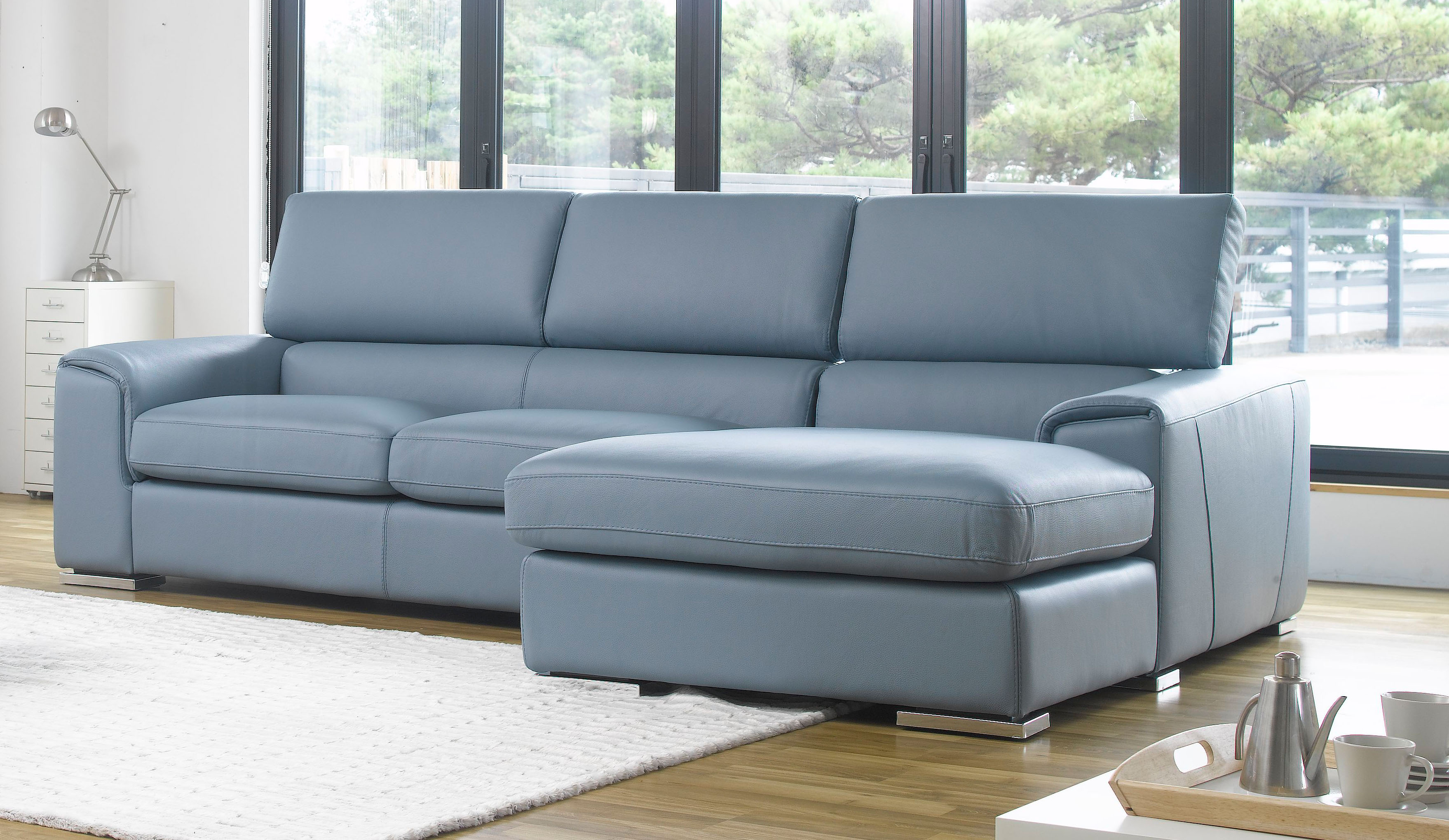 mark oliver top-grain leather sectional sofa blue