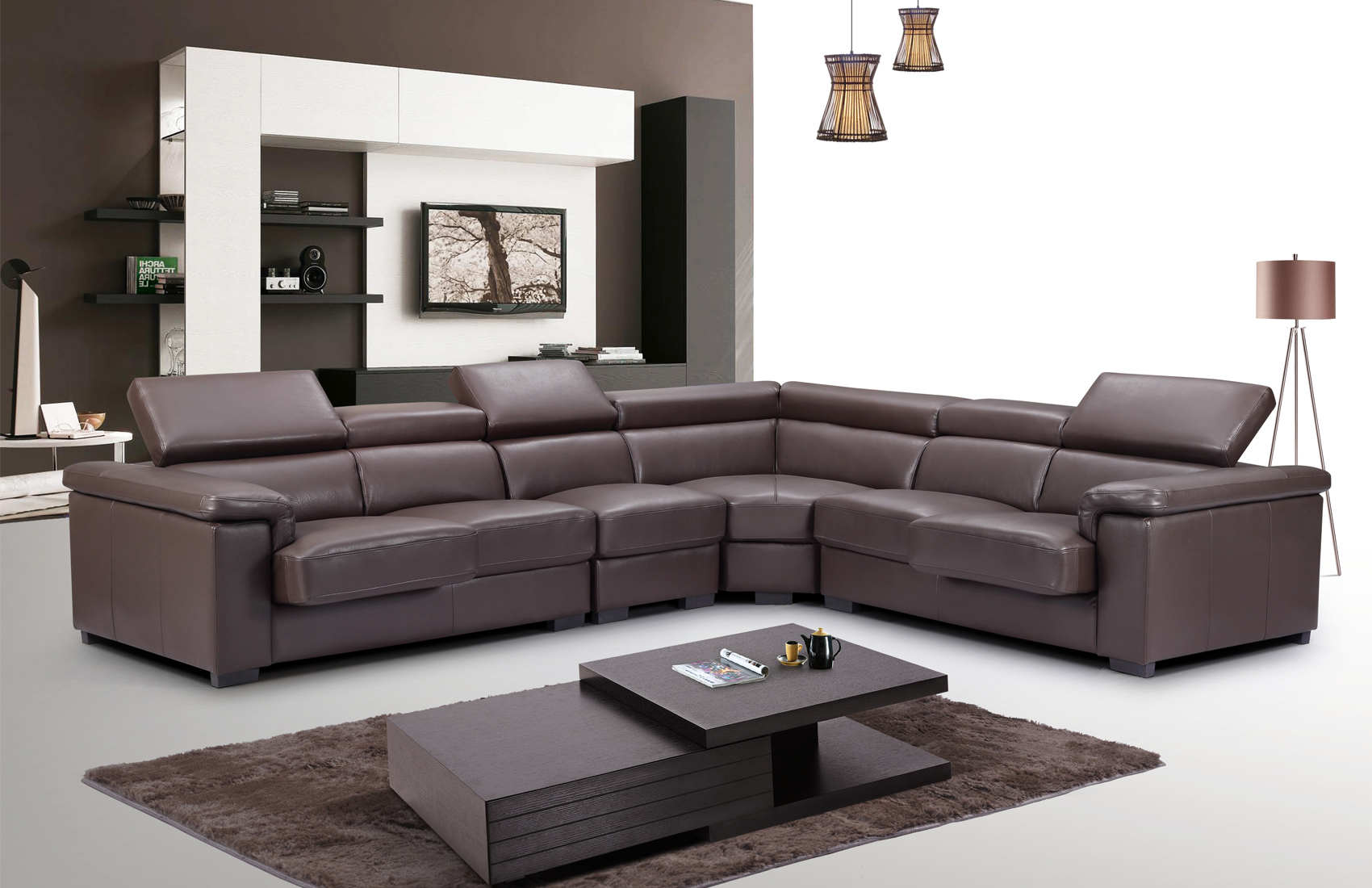 Brown Leather Sectional Set Sliding Seats Deep Cushions E 2605 