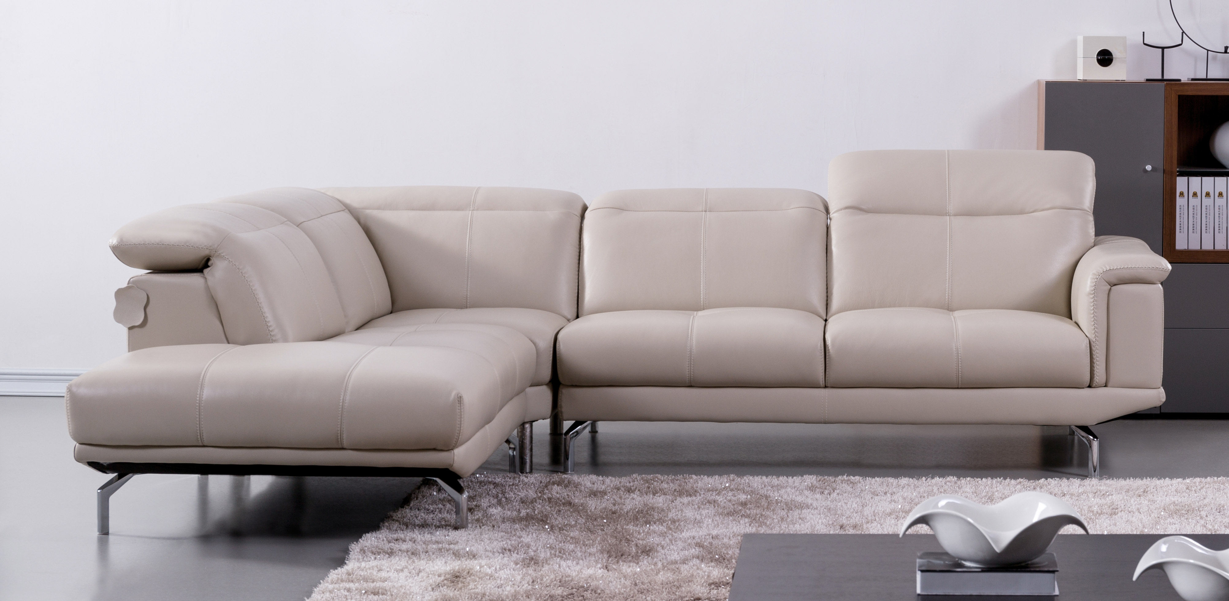 modern beige leather mini sectional sofa