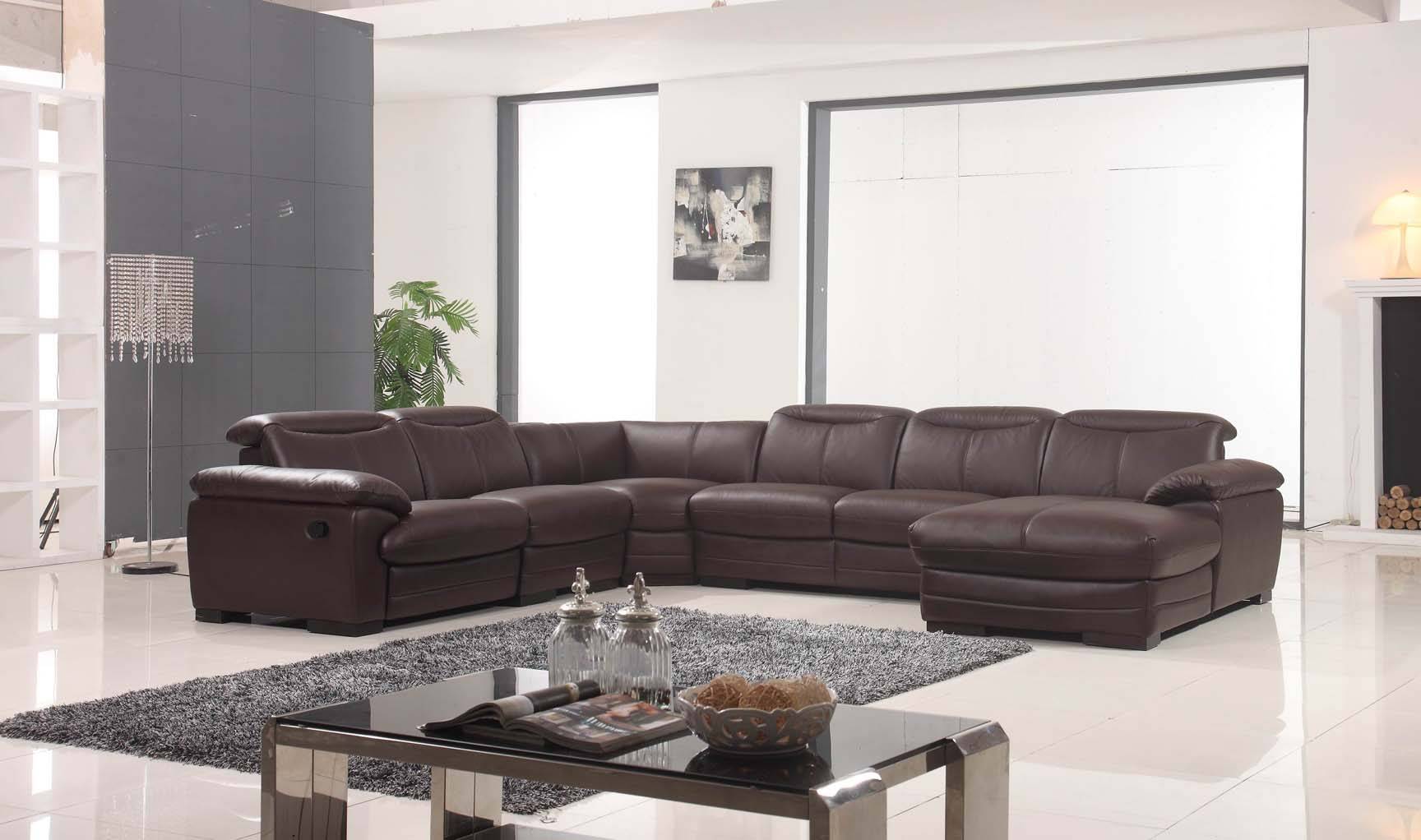 Large Brown Leather Contemporary Sectional Set with Recliner Chair ...
