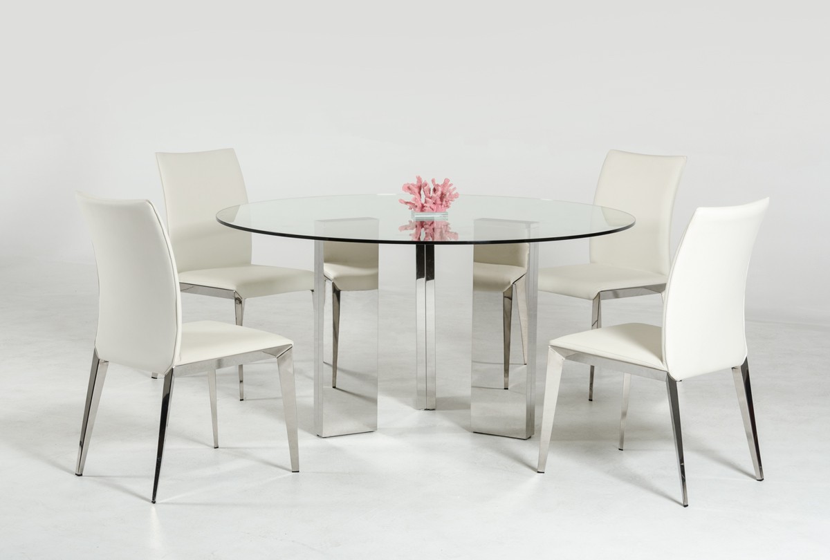 Modern Round Glass Top Dining Table with Stainless Steel Mirrored Base