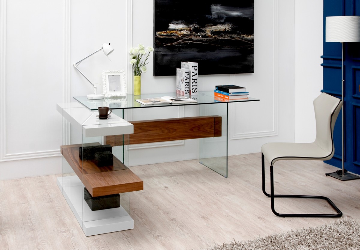 Glass Desk in White and Walnut with a Shelving Unit New York New York  VIG-Sven
